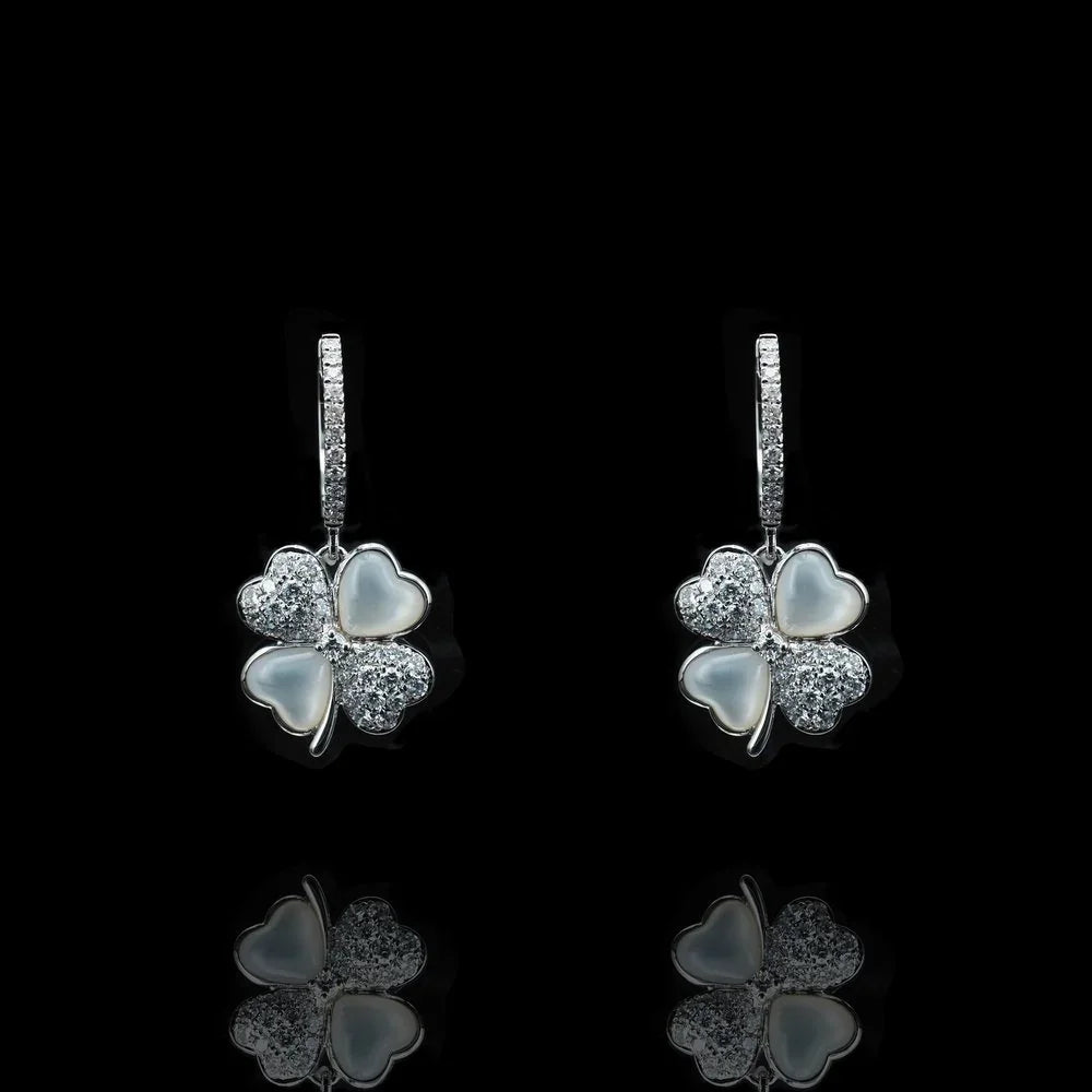 18K White Gold Four-Leaf Clover Mother-of-Pearl Lab-Grown Diamond Earrings