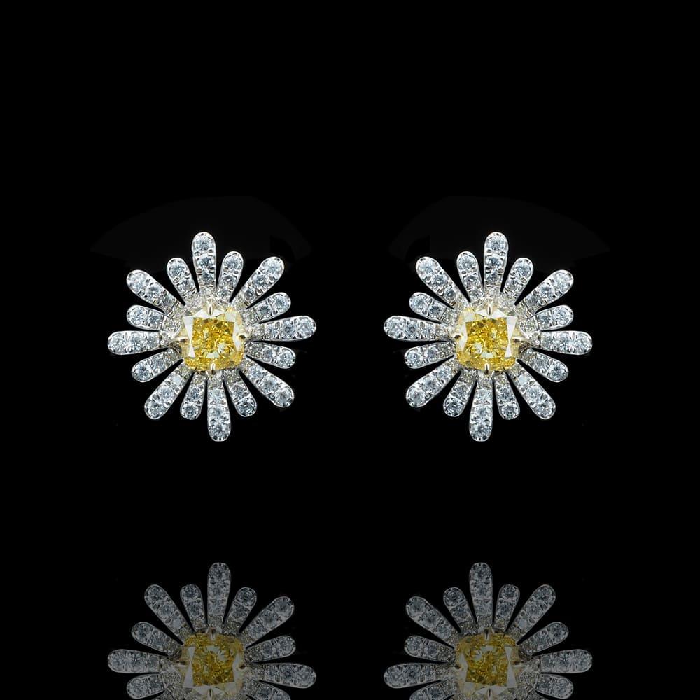 18K White Gold Cushion Cut Lab Grown White and Yellow Diamond Earrings