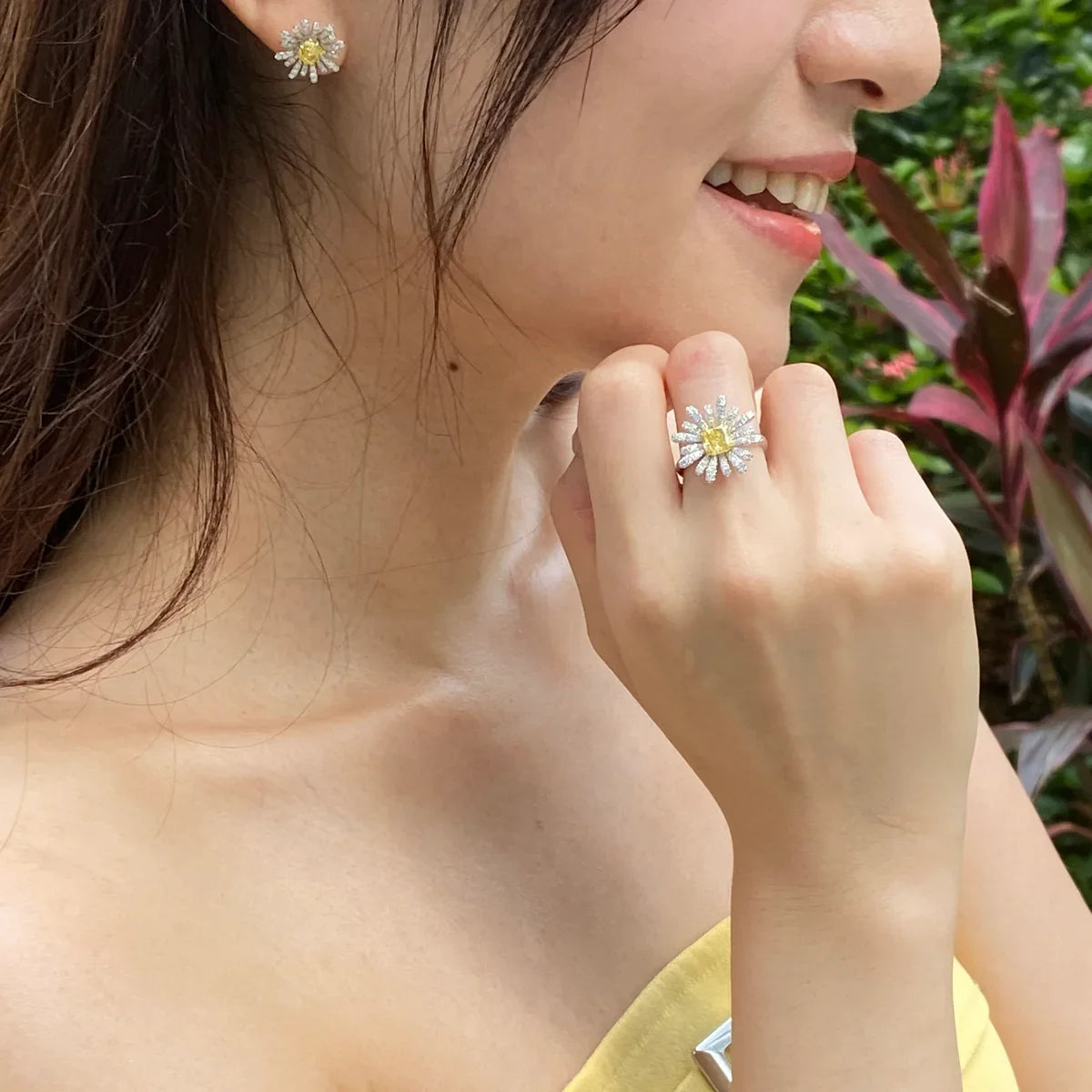 18K White Gold Cushion Cut Lab Grown White and Yellow Diamond Earrings