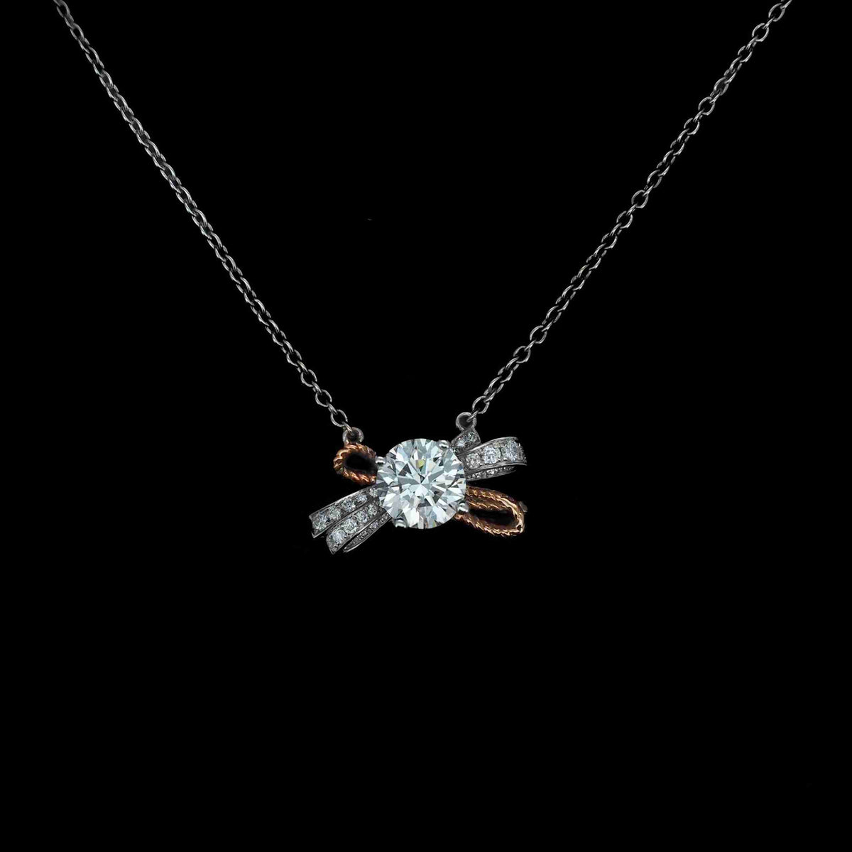 18K White Gold and Rose Gold Bow Lab Grown Diamond Necklace