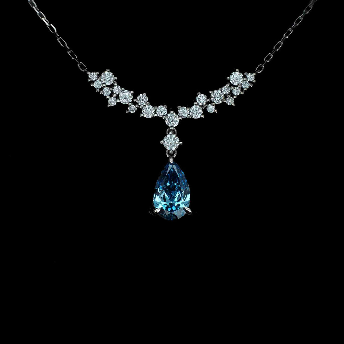 18K White Gold Round & Pear-Shaped Lab-Grown White and Blue Diamond Necklace