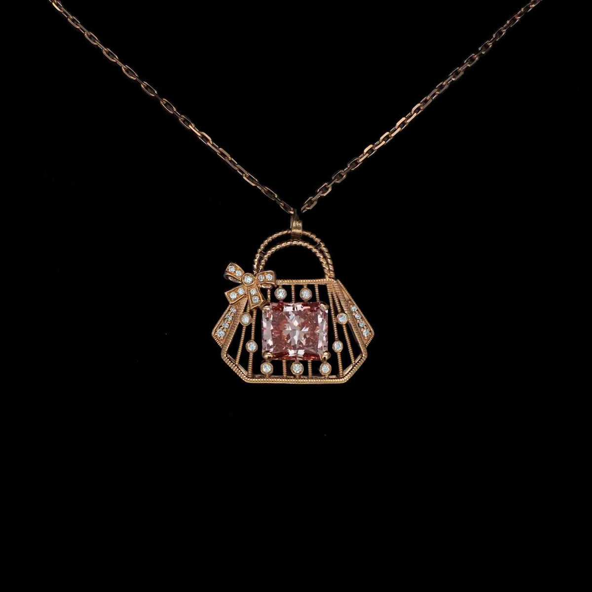 18K Rose Gold Pink Lab Grown Diamond Handbag Necklace