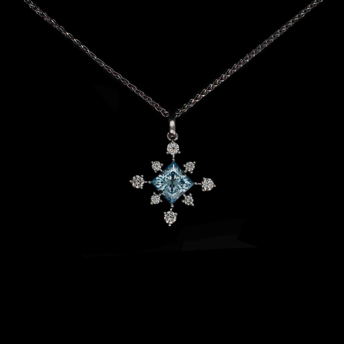 18K White Gold Square & Round Lab-Grown White and Blue Diamond Pendant