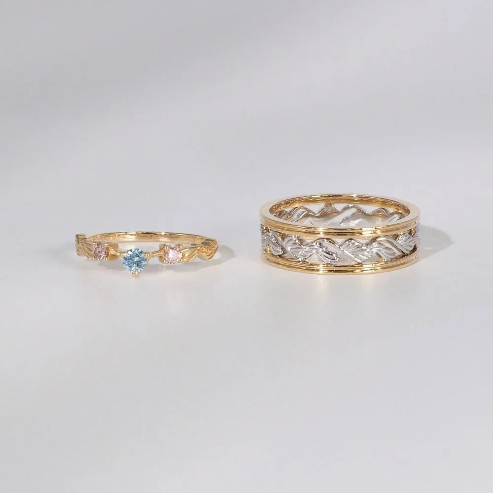 18K Brushed Gold Diamond Wedding Rings