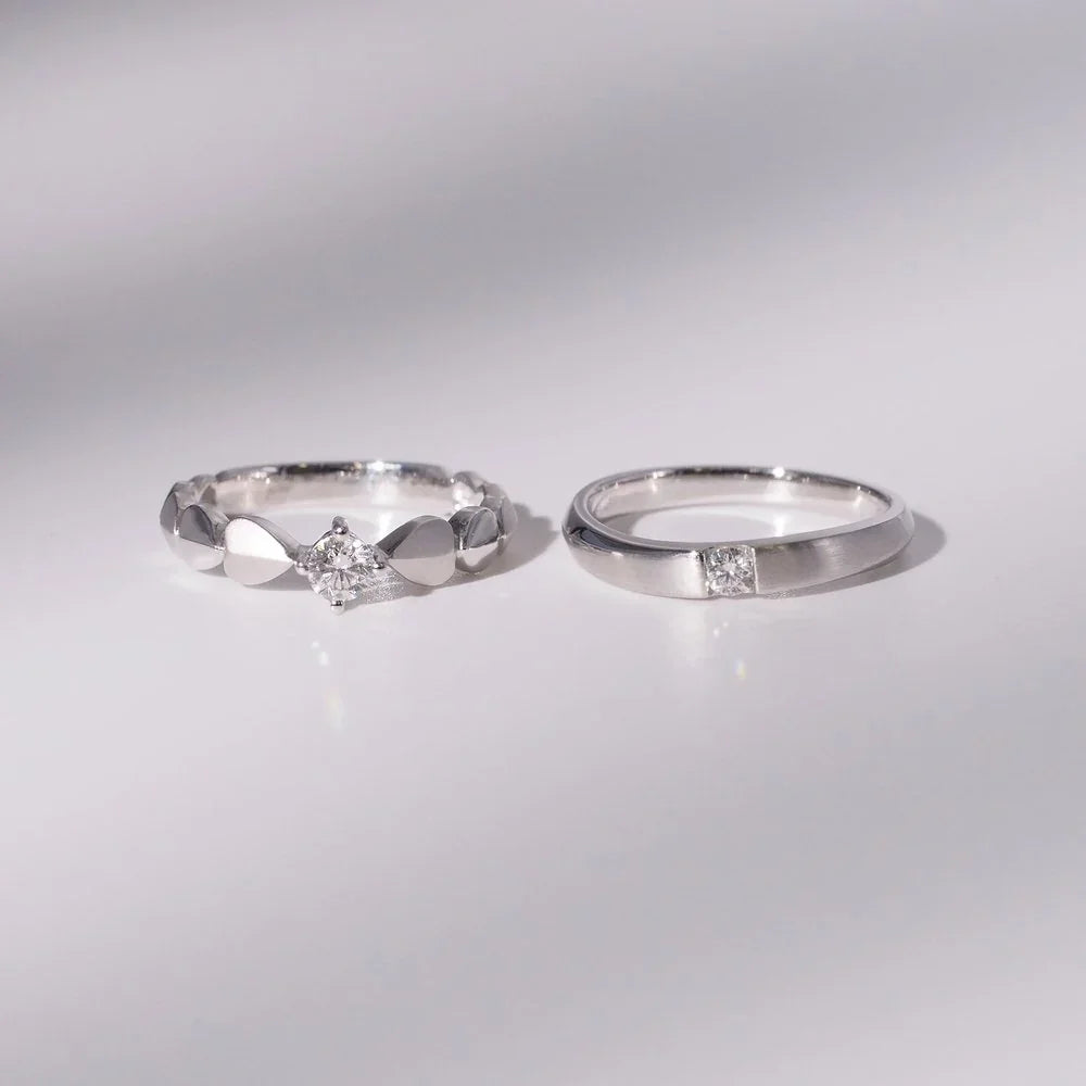 18K Gold/Platinum Matte Finish Heart Diamond Couple Rings