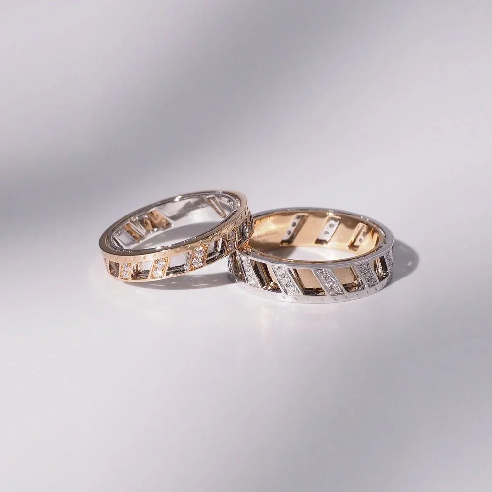 18K Hollow Diamond Wedding Band Set