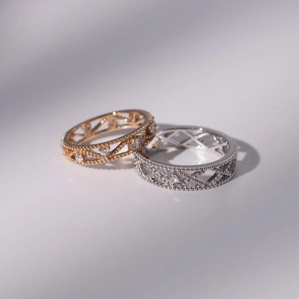 18K Hollow Bead Pattern Couple Rings