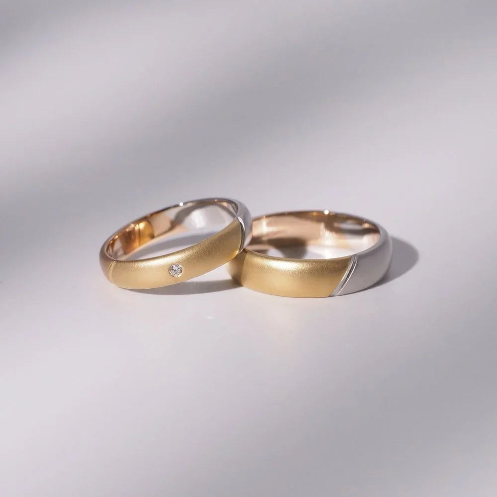 18K matte three-tone couple rings