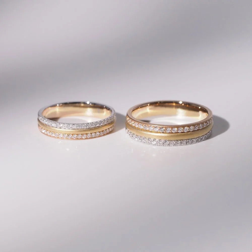 18K Matte Three-Tone Gold Diamond Couple Rings