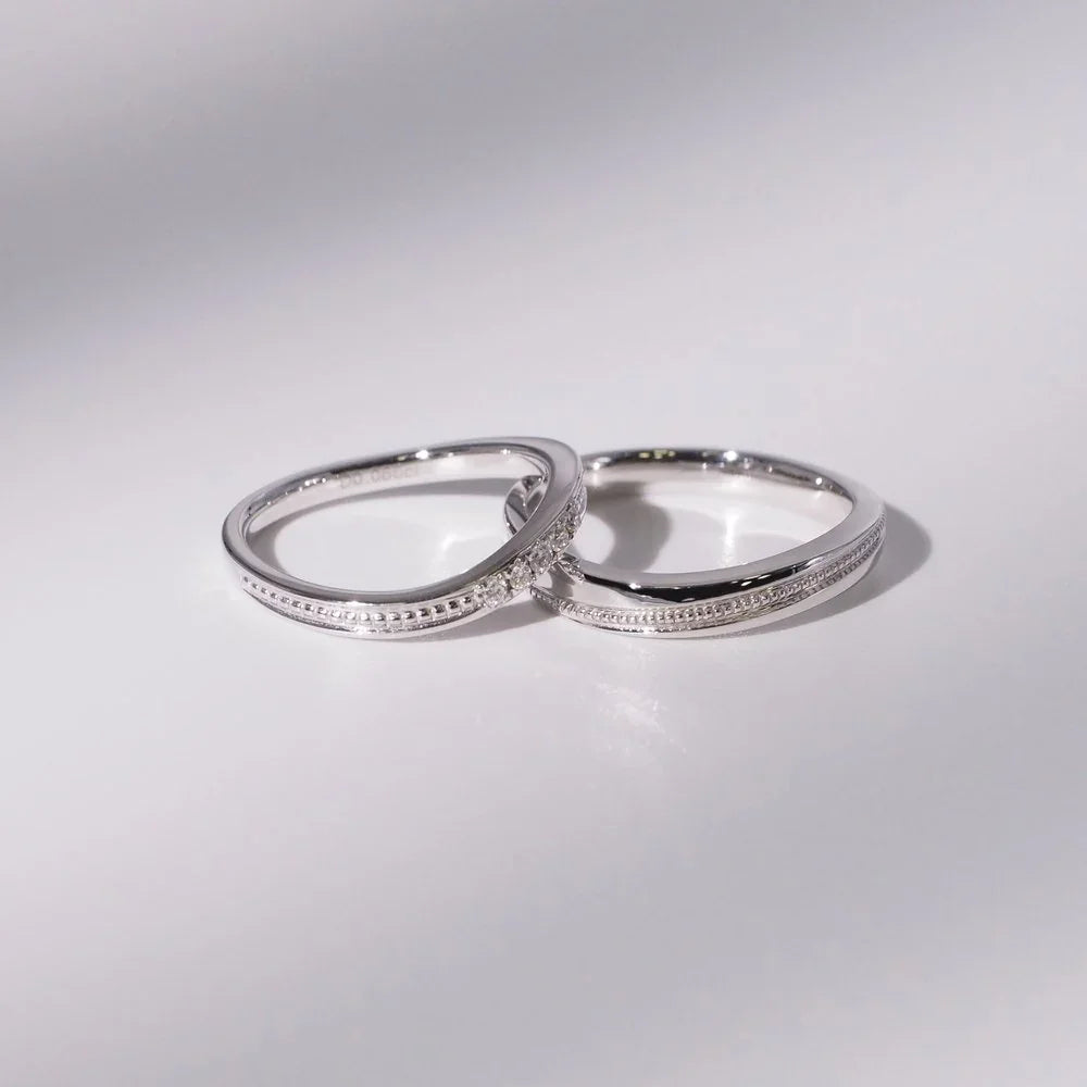 18K Gold/Platinum Streamlined Beaded Couple Rings