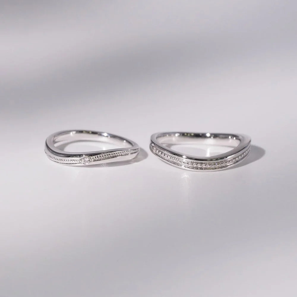 18K Gold/Platinum Streamlined Beaded Couple Rings