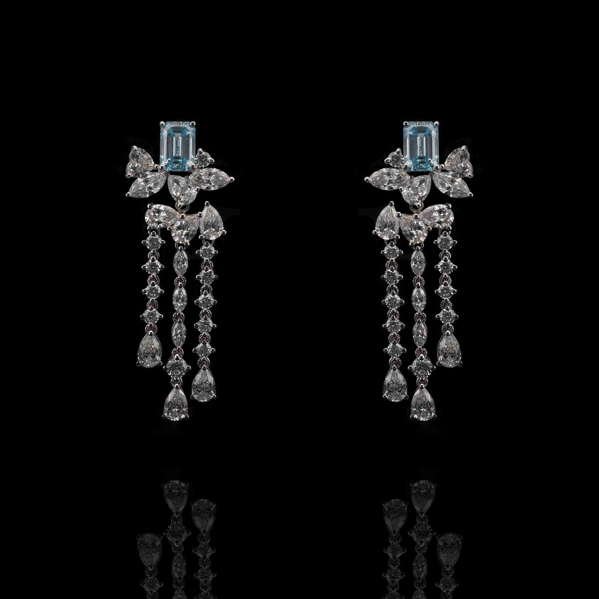 18K White Gold Lab-Grown Emerald-Cut Blue Diamond Tassel Earrings