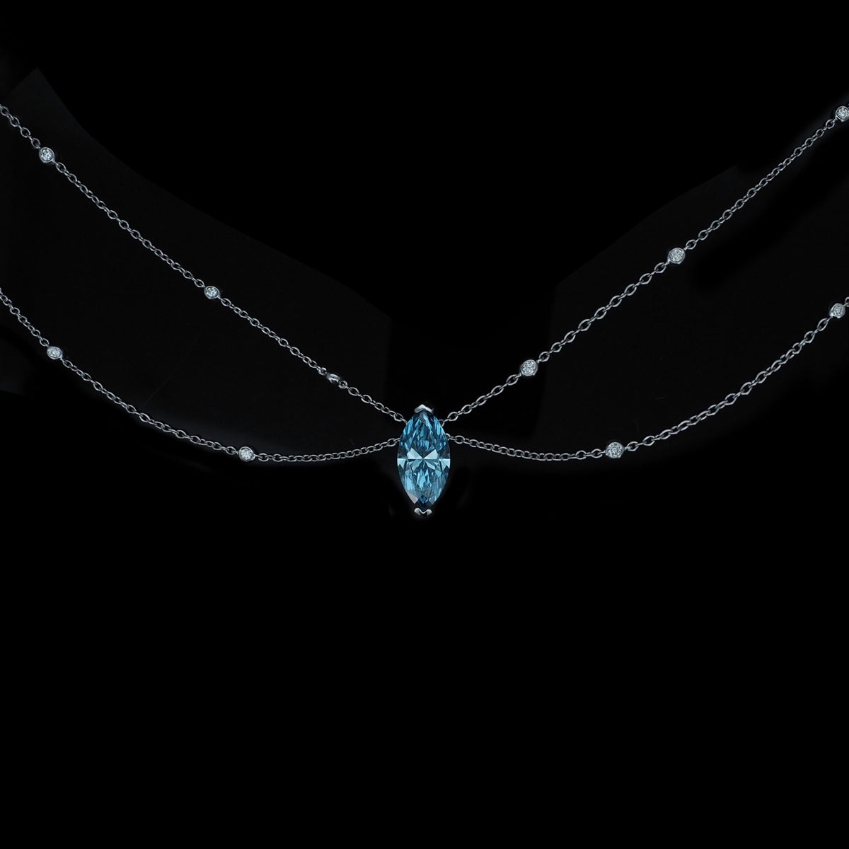18K White Gold Marquise Lab-Grown Blue Diamond Necklace