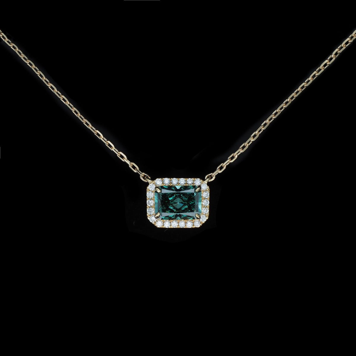18K Yellow Gold Radiant Cut Lab Grown Green Diamond Necklace